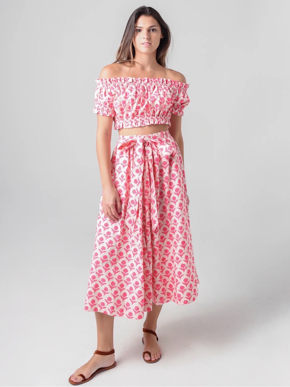 Aish Pink Printed Off the Shoukder Top and Midi Skirt Set